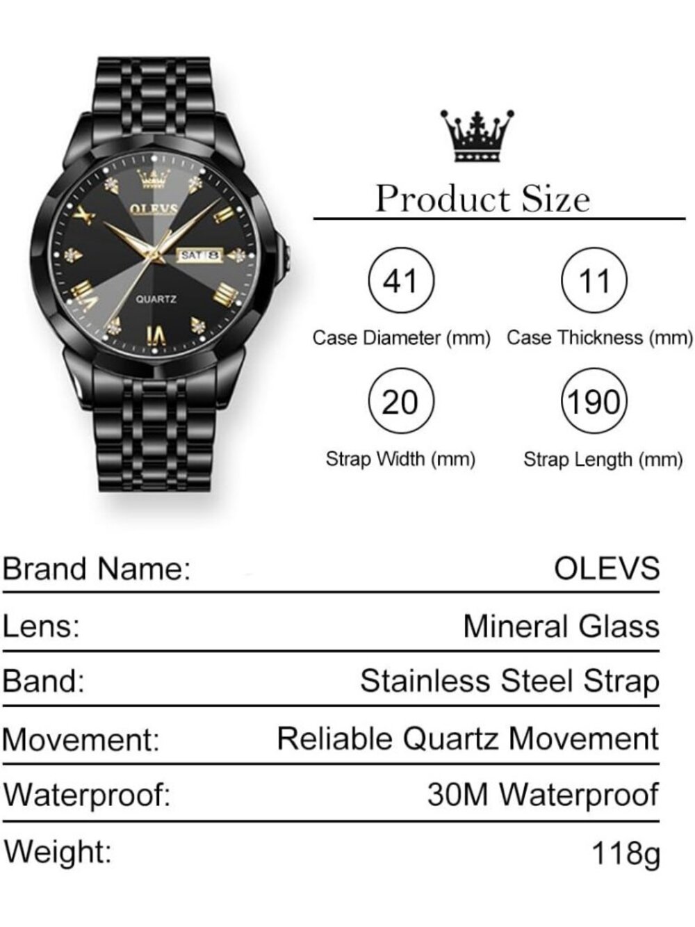 Men's All Black Diamond Stainless Steel Analog Quartz Classic Waterproof Watch - Picture 5 of 6